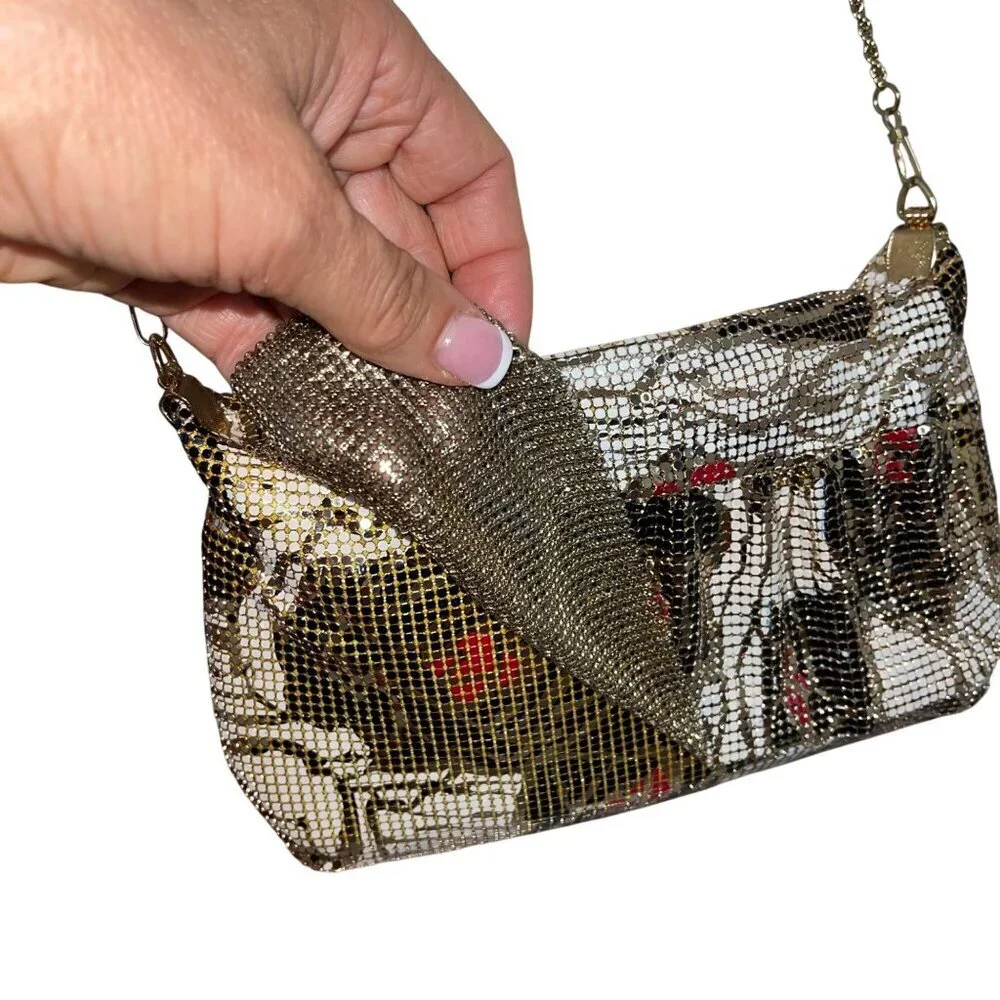 Vintage Womens Clutch Bag Multicolor Chain Mesh Rose Pattern Convertible